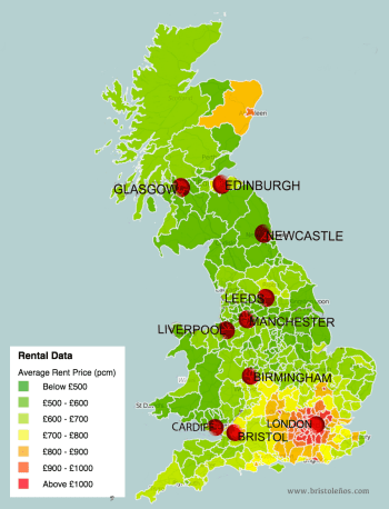 Mapa con el precio de los alquileres en UK
