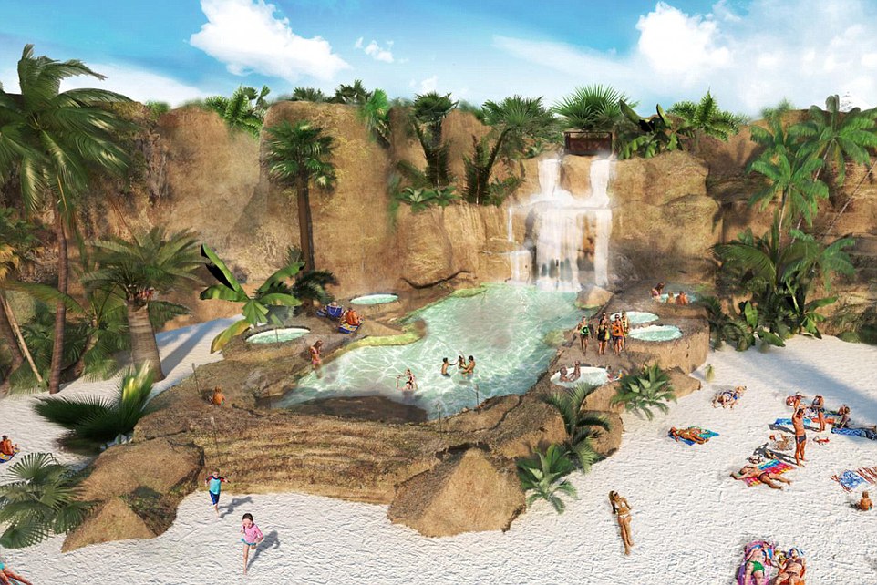 Imagen 1. La playa cubierta contará con una piscina de roca gigante, cabañas de playa y casas-árbol