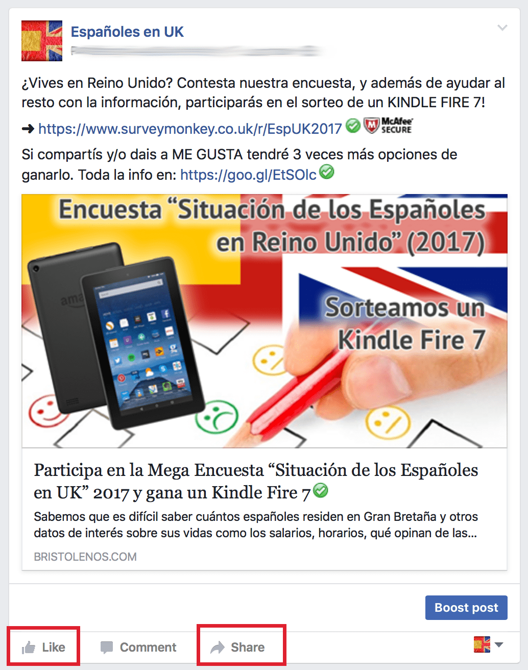 post Facebook Encuesta Españoles en 2017