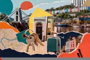 Collage digital: alojamiento en Bristol, barrios y mapa de habitaciones (actualizado 2026)