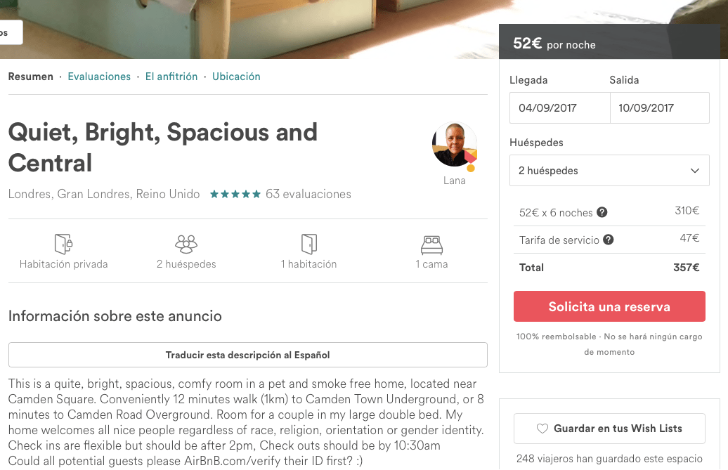 Habitación Londres Airbnb ejemplo