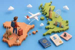 Ilustración isométrica: viaje de España a Reino Unido con pasaporte, visado y maleta (guía emigrar UK 2026)
