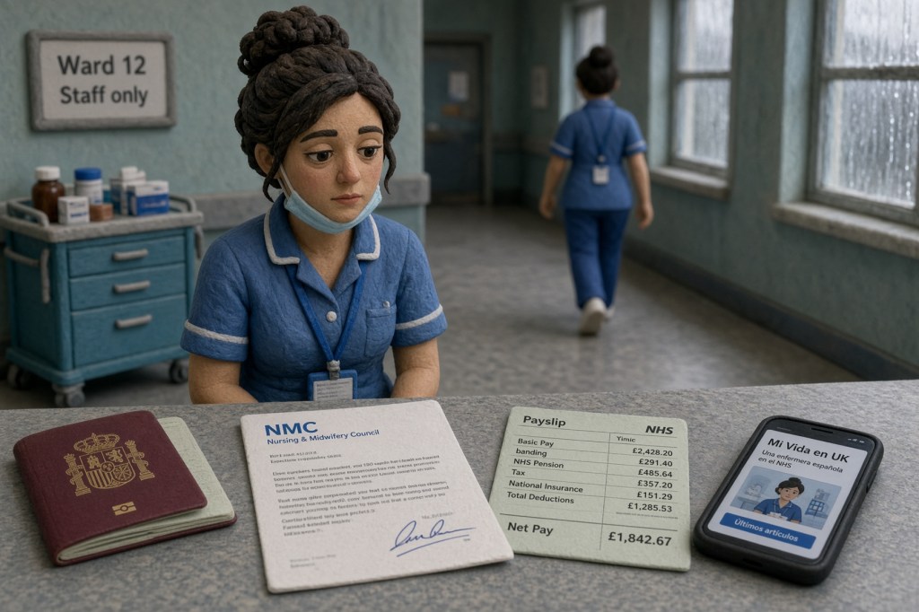 Una enfermera en un hospital de la NHS, con mascarilla, observa documentos y un teléfono móvil sobre una mesa, mientras una colega camina al fondo.
